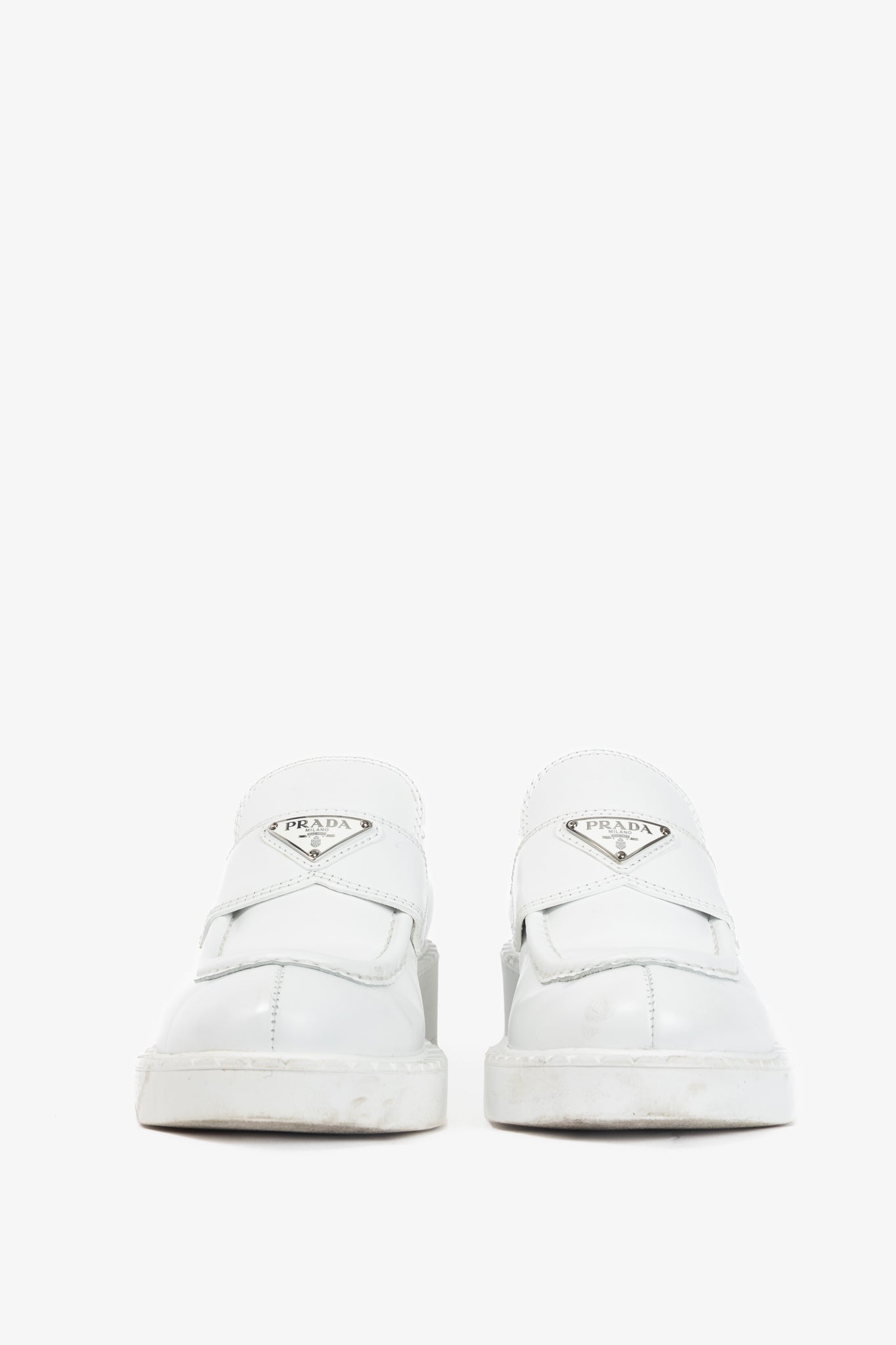 Prada Bianco Spazzolato Rois Leather Platform Logo Loafers