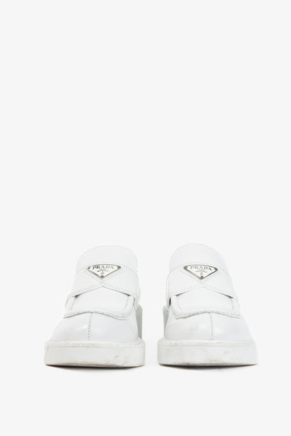 Prada Bianco Spazzolato Rois Leather Platform Logo Loafers