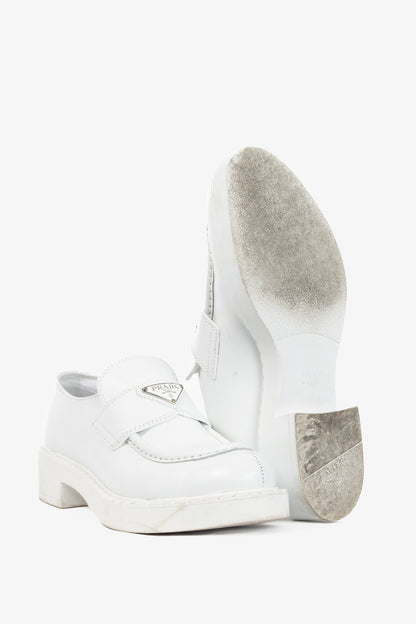 Prada Bianco Spazzolato Rois Leather Platform Logo Loafers
