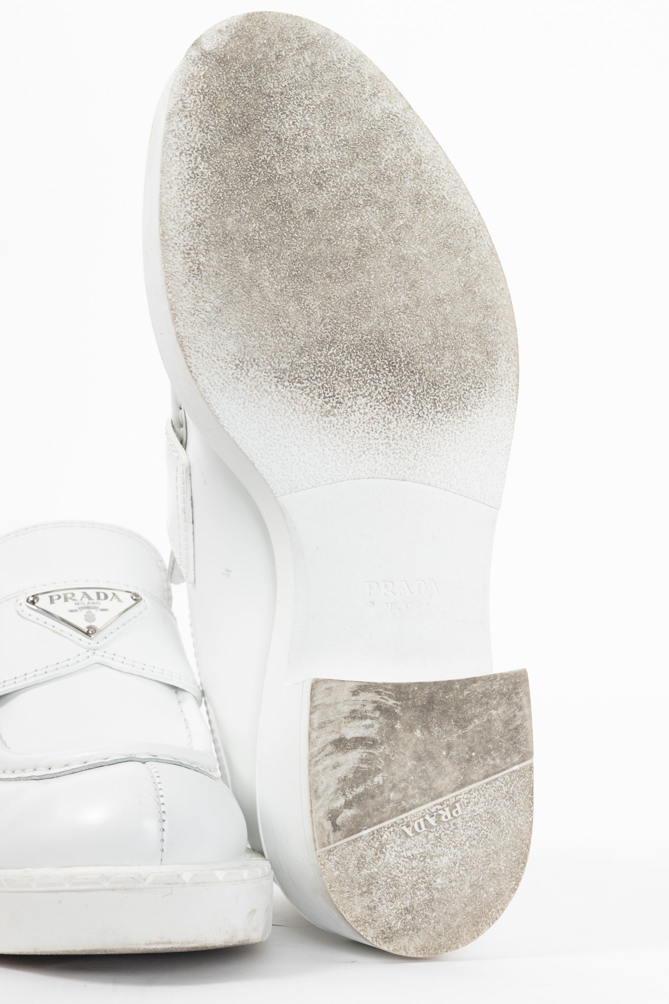 Prada Bianco Spazzolato Rois Leather Platform Logo Loafers