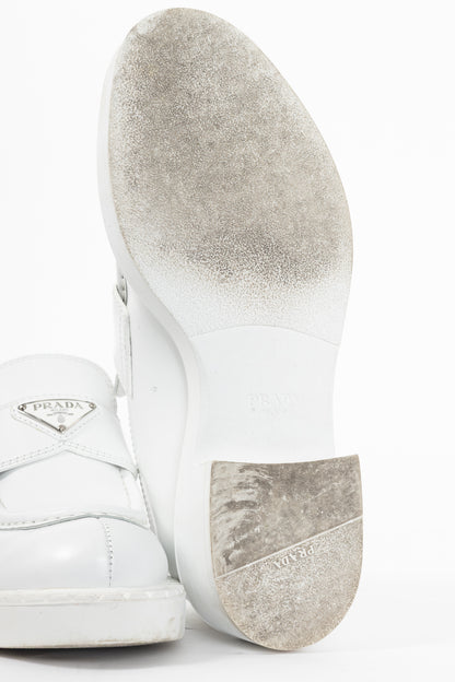 Prada Bianco Spazzolato Rois Leather Platform Logo Loafers