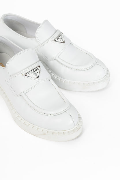 Prada Bianco Spazzolato Rois Leather Platform Logo Loafers