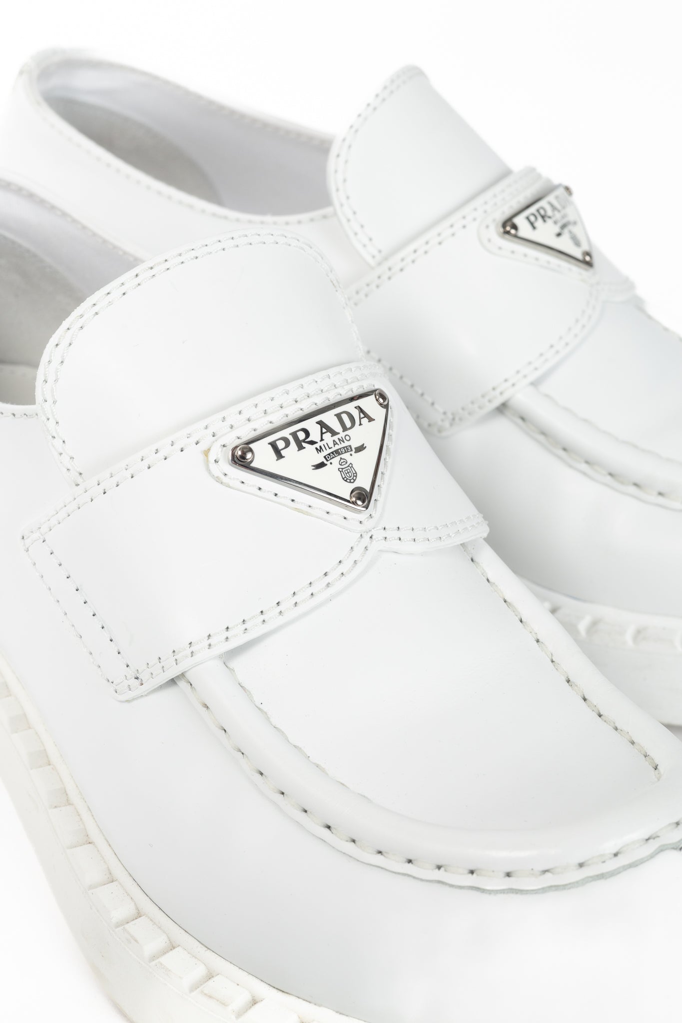 Prada Bianco Spazzolato Rois Leather Platform Logo Loafers