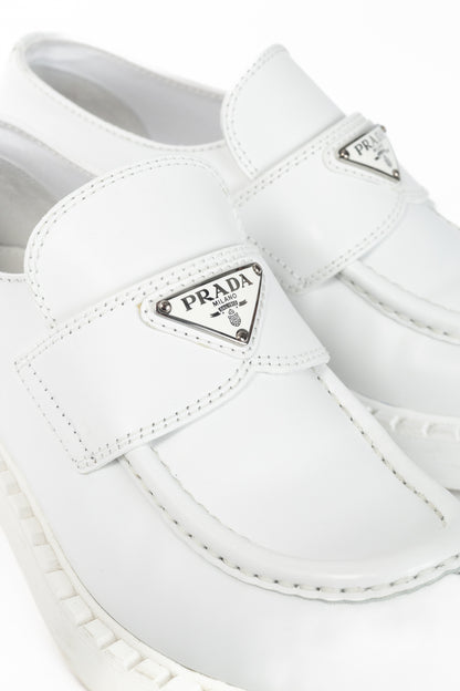 Prada Bianco Spazzolato Rois Leather Platform Logo Loafers