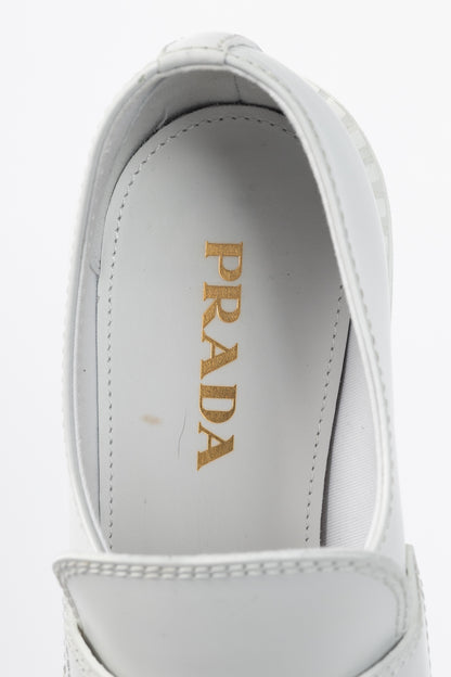 Prada Bianco Spazzolato Rois Leather Platform Logo Loafers