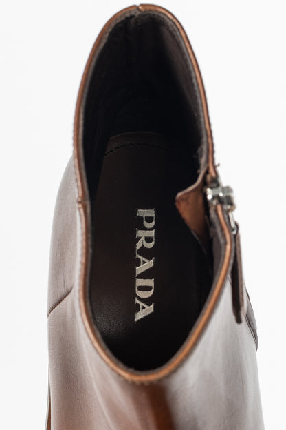 Prada Brown Leather Zip Ankle Boots