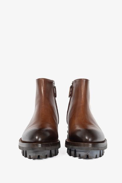 Prada Brown Leather Zip Ankle Boots
