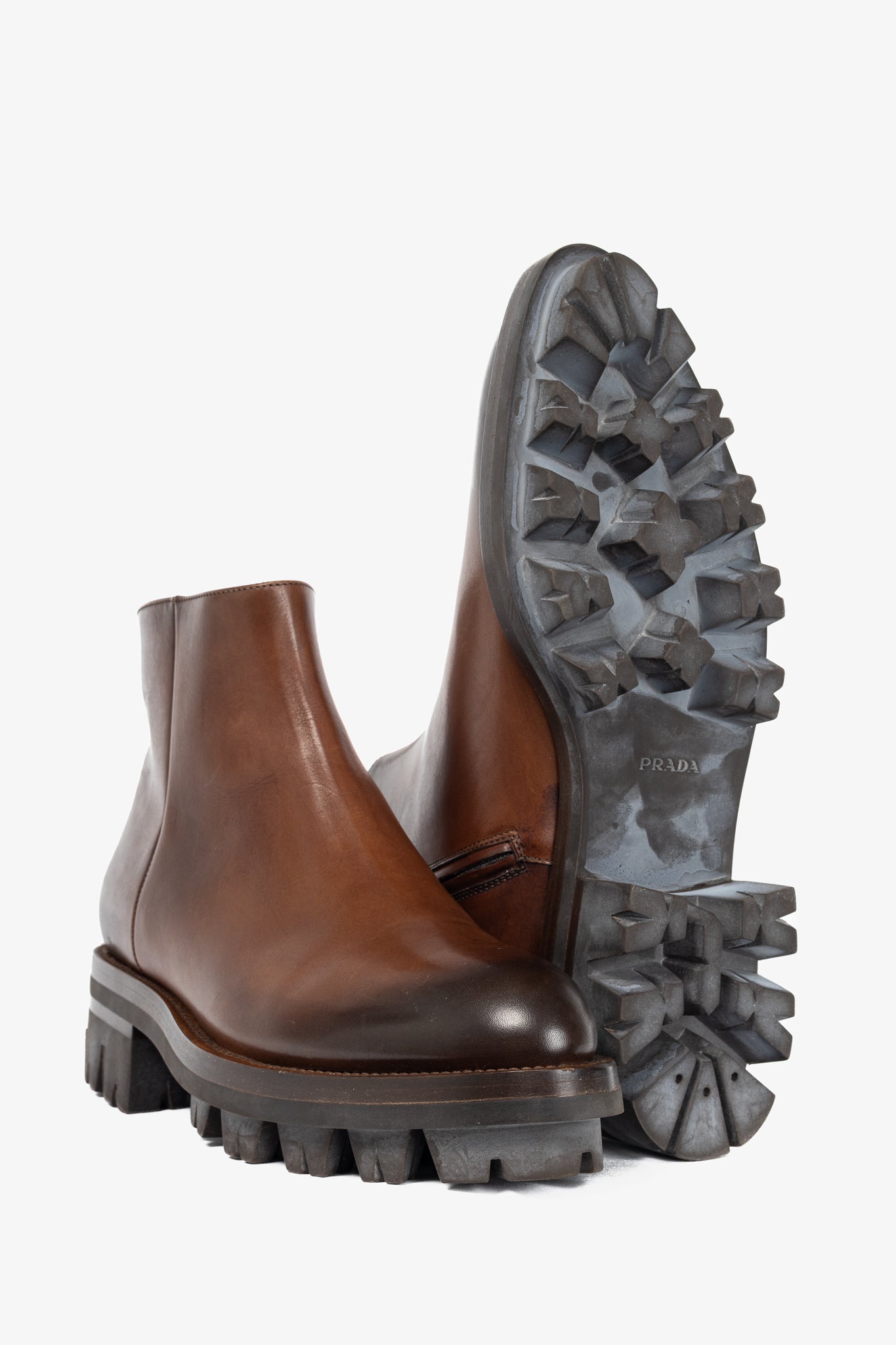 Prada Brown Leather Zip Ankle Boots
