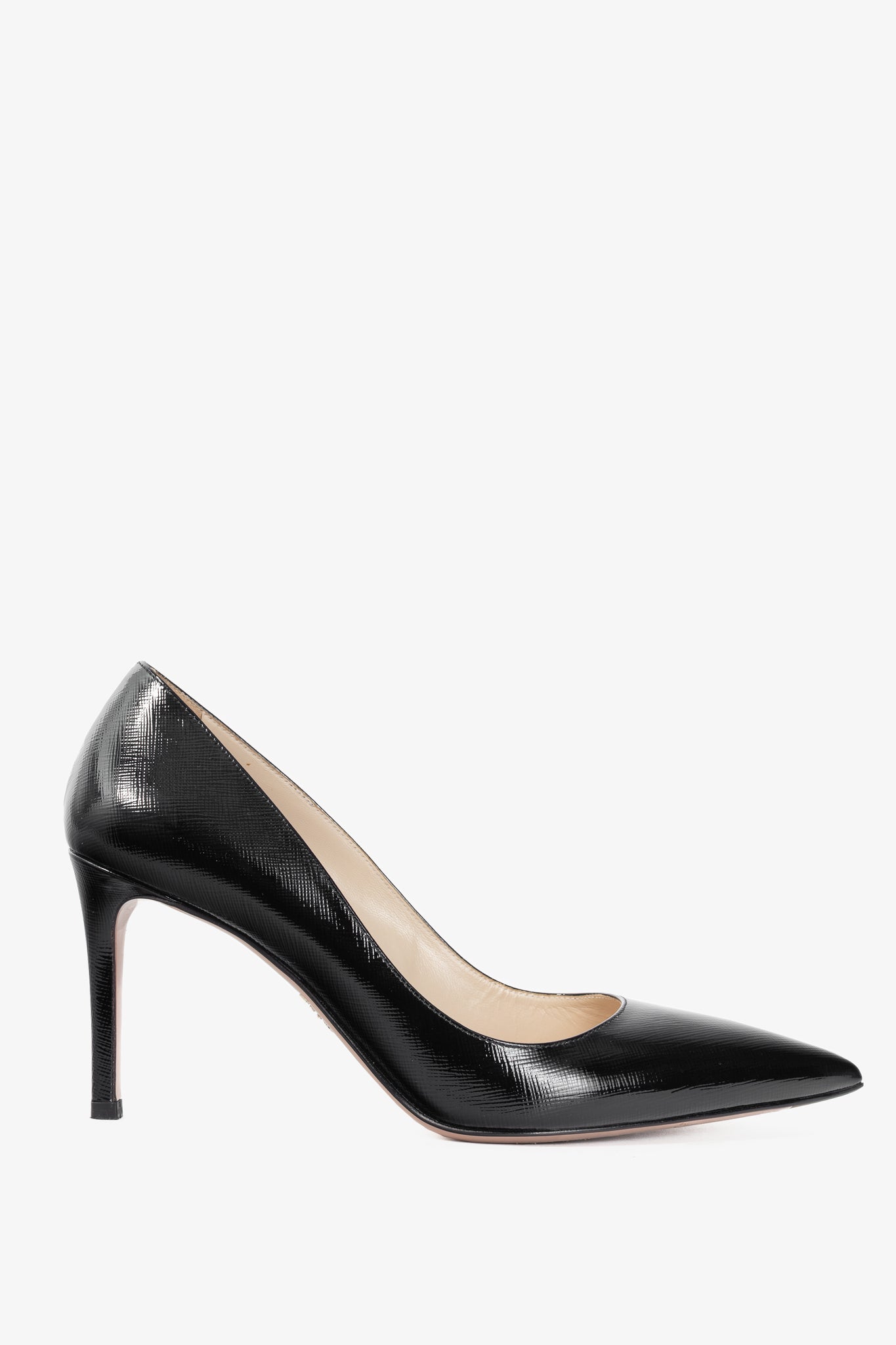 Prada Black Patent Saffiano-Texture Pointed-Toe Heels
