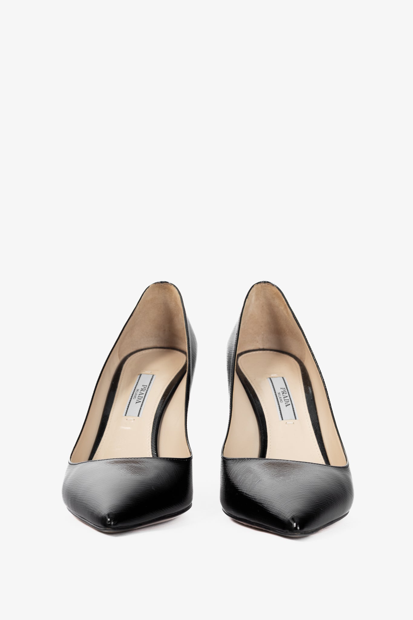 Prada Black Patent Saffiano-Texture Pointed-Toe Heels