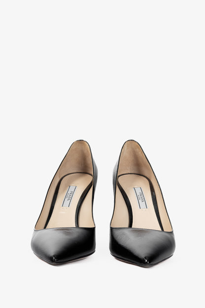 Prada Black Patent Saffiano-Texture Pointed-Toe Heels