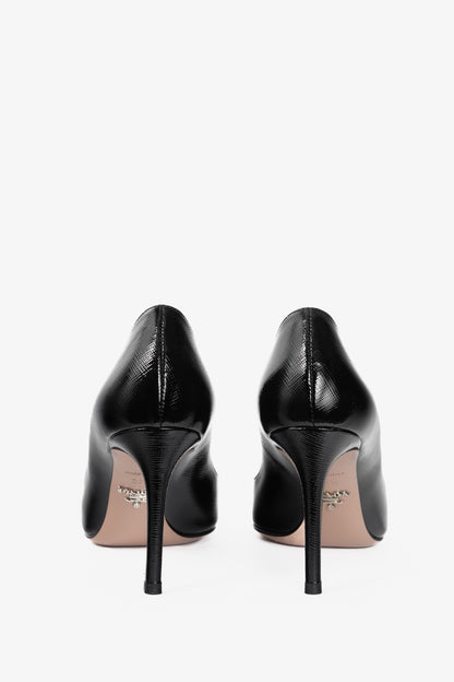 Prada Black Patent Saffiano-Texture Pointed-Toe Heels