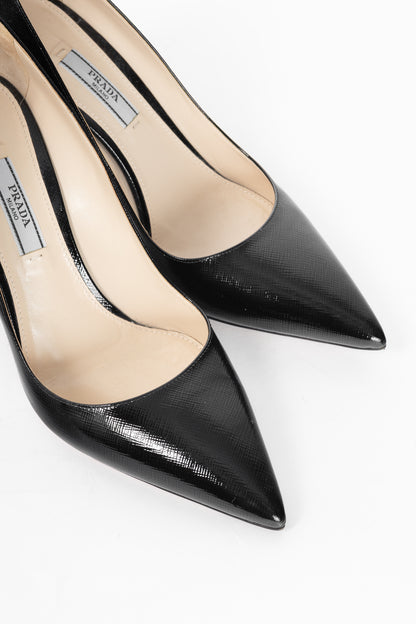 Prada Black Patent Saffiano-Texture Pointed-Toe Heels