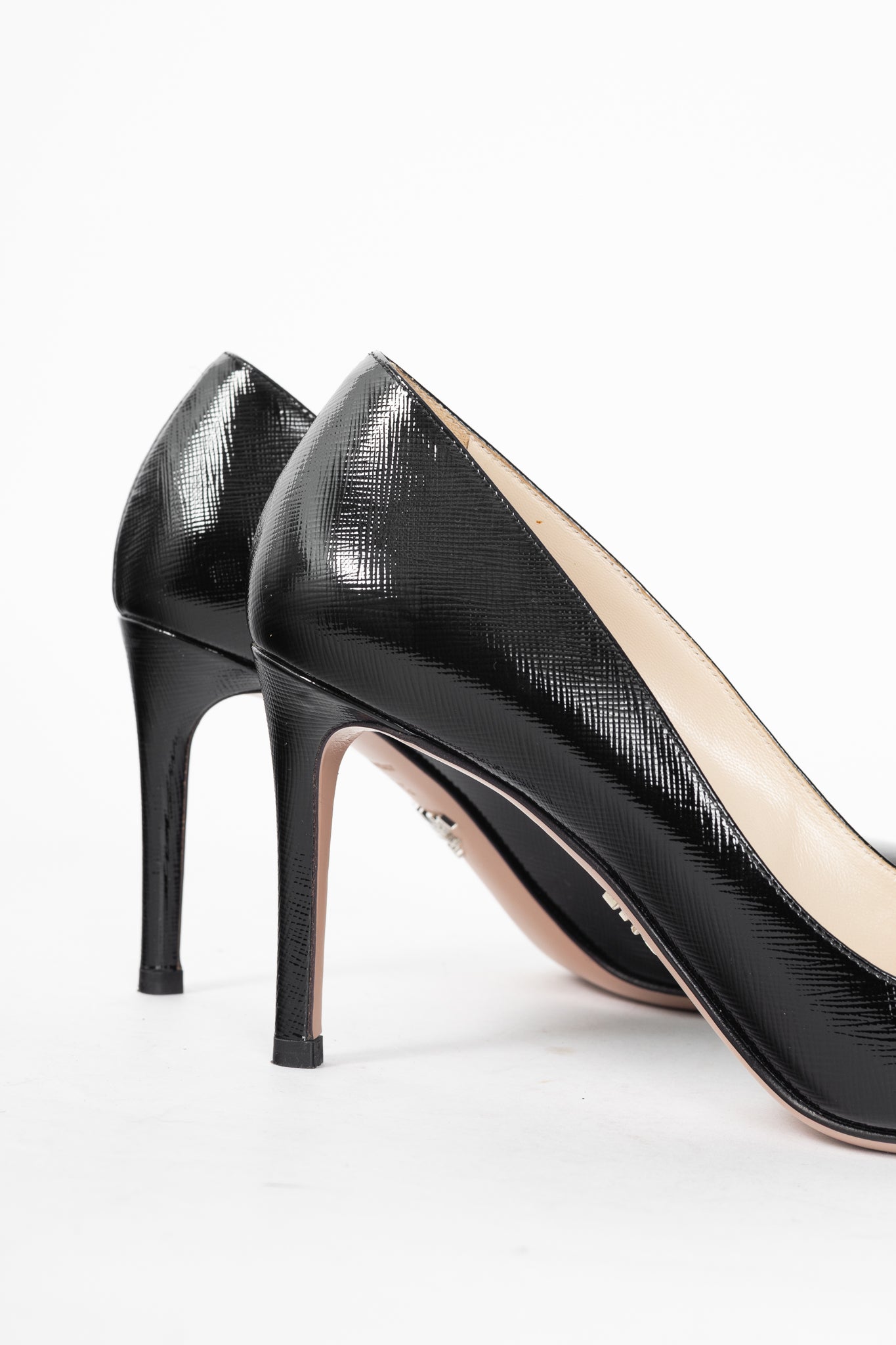 Prada Black Patent Saffiano-Texture Pointed-Toe Heels