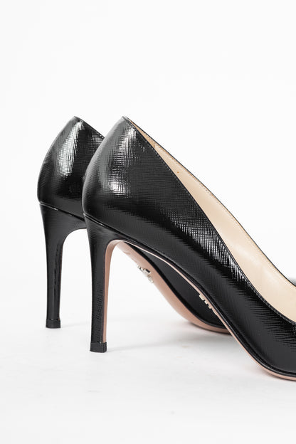 Prada Black Patent Saffiano-Texture Pointed-Toe Heels