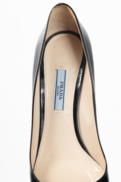 Prada Black Patent Saffiano-Texture Pointed-Toe Heels