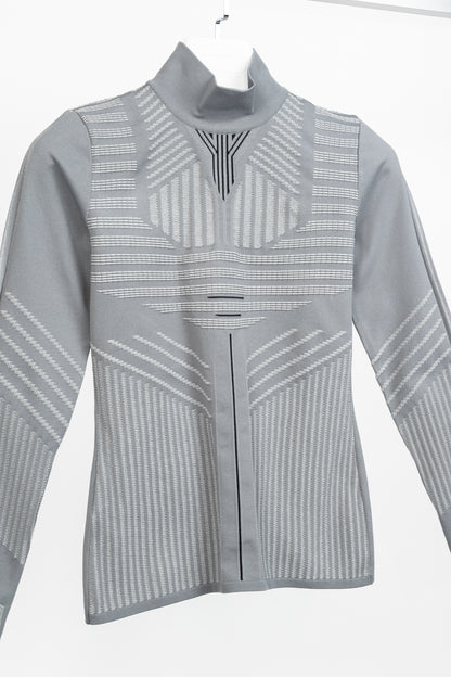 Prada Resort 2018 Runway Grey Embossed Techno Mock-Neck Long-Sleeve
