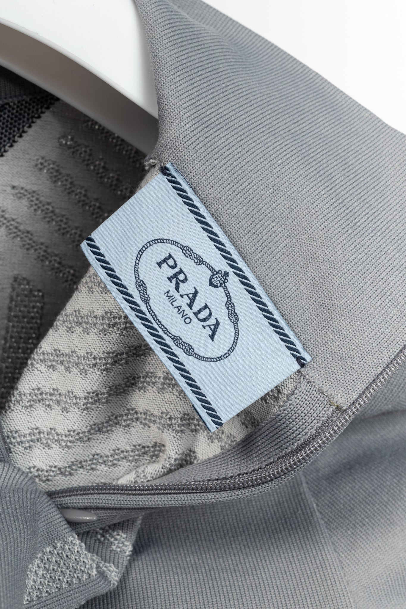 Prada Resort 2018 Runway Grey Embossed Techno Mock-Neck Long-Sleeve