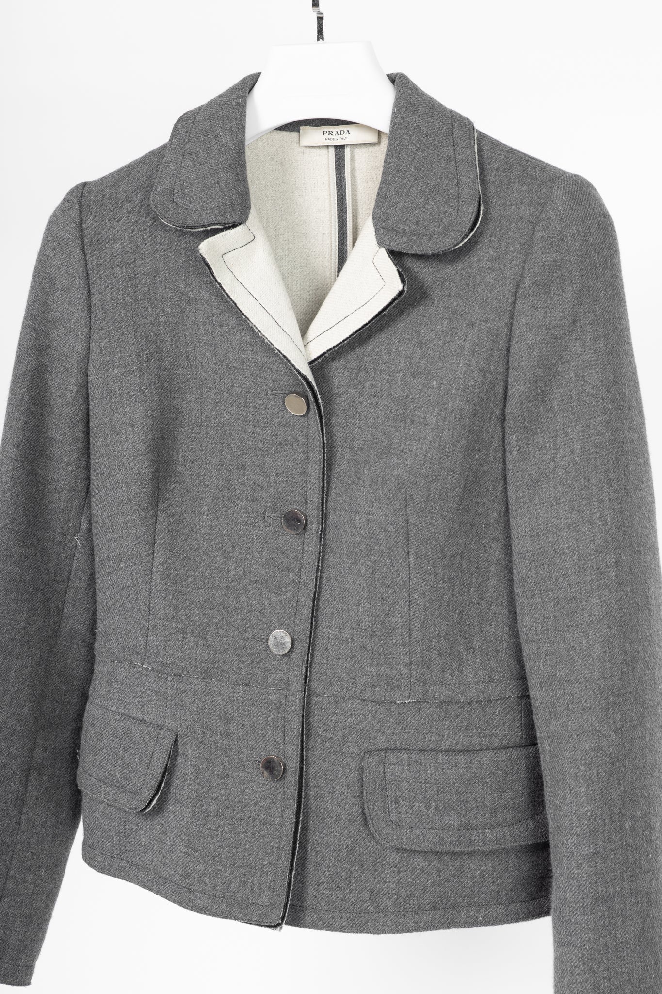 Prada Grey Wool Raw-Edge Tailored Jacket