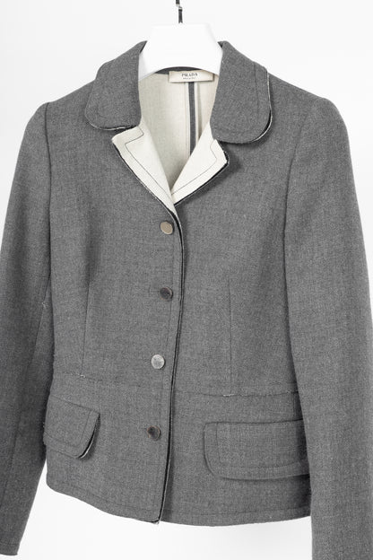 Prada Grey Wool Raw-Edge Tailored Jacket