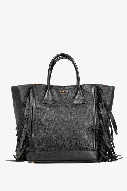 Prada Cervo Black Fringe Deerskin Leather Tote