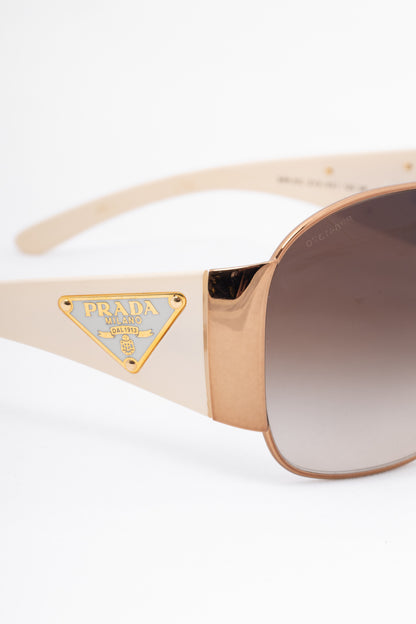 Prada SPR 57L Rose-Gold & Cream Logo-Temple Shield Sunglasses