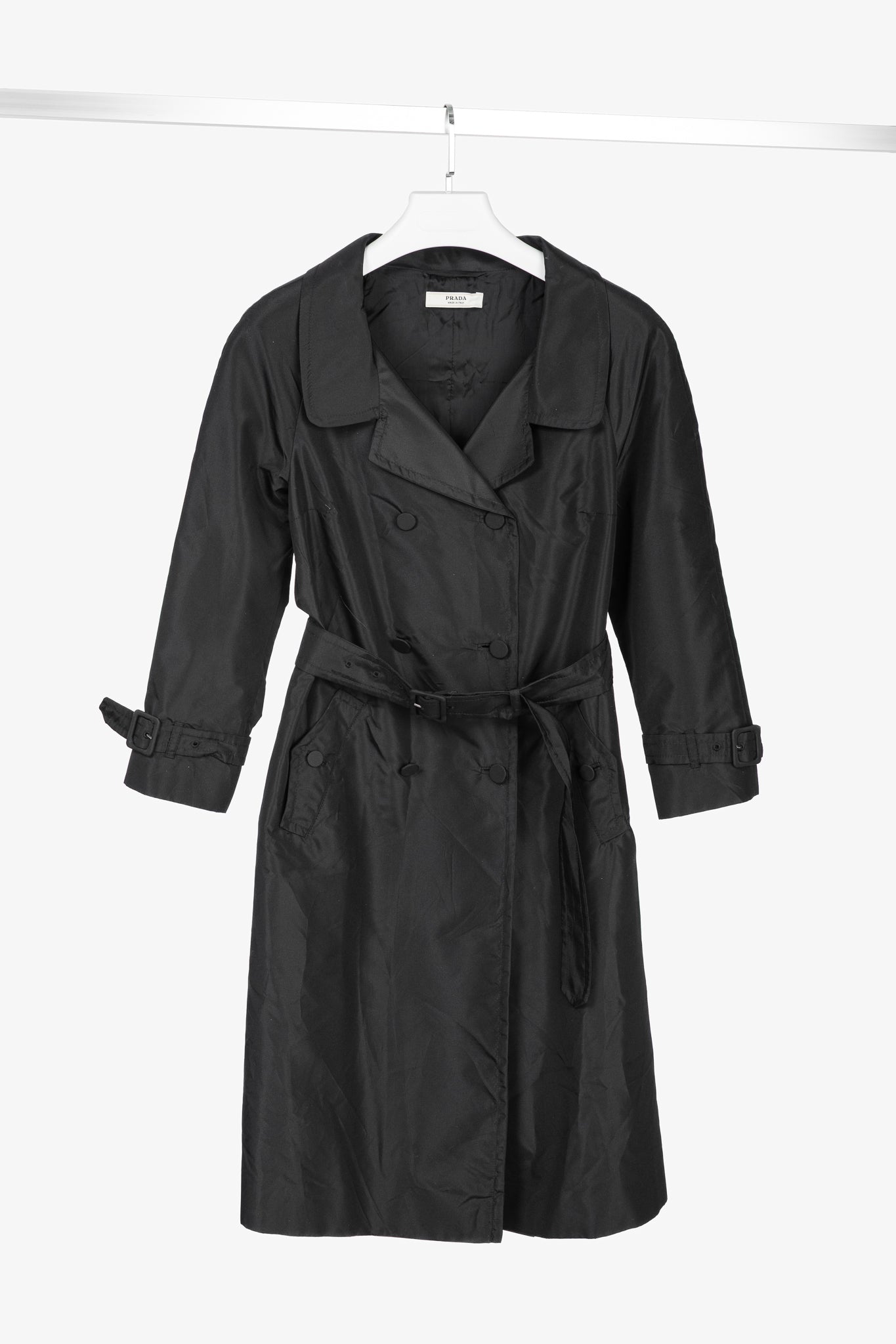 Prada Black Silk-Taffeta Belted Double-Breasted Trench Coat