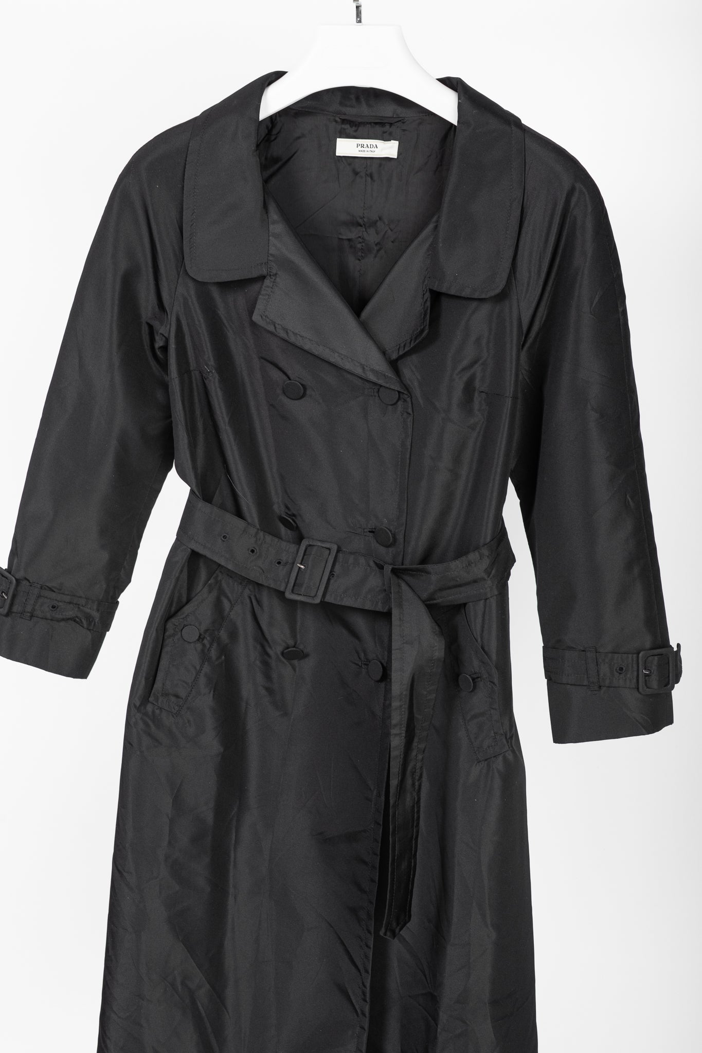 Prada Black Silk-Taffeta Belted Double-Breasted Trench Coat