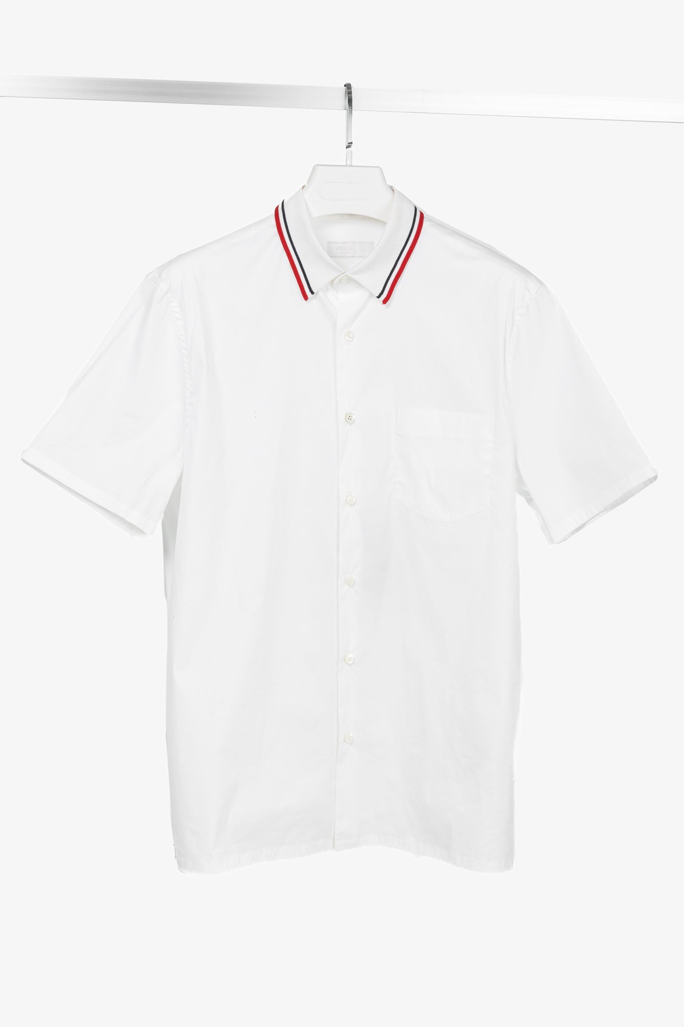 Prada Bianco Popeline Stretch Striped-Collar Short-Sleeve Buttoned Shirt