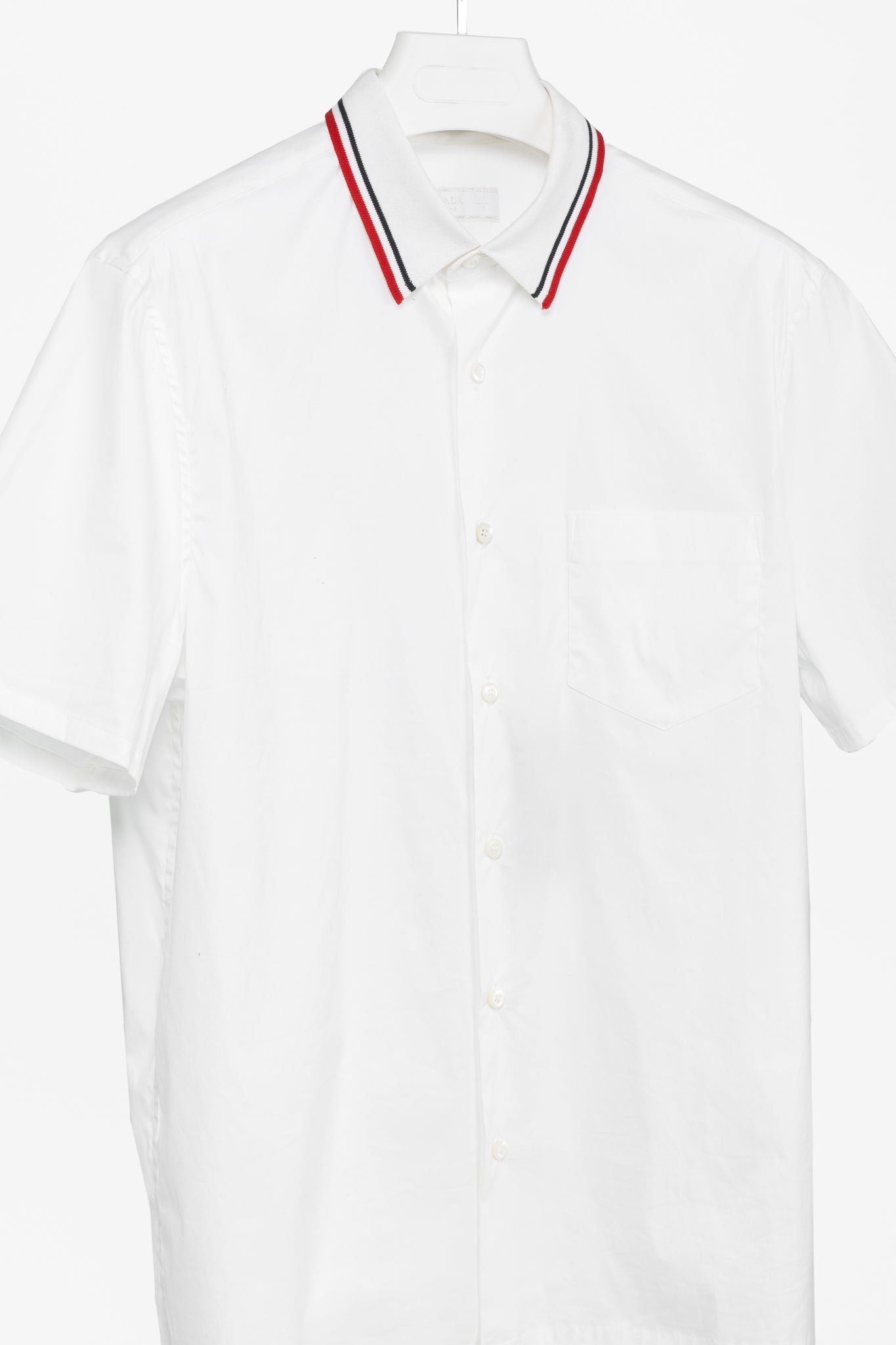 Prada Bianco Popeline Stretch Striped-Collar Short-Sleeve Buttoned Shirt