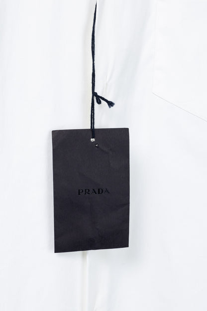 Prada Bianco Popeline Stretch Striped-Collar Short-Sleeve Buttoned Shirt