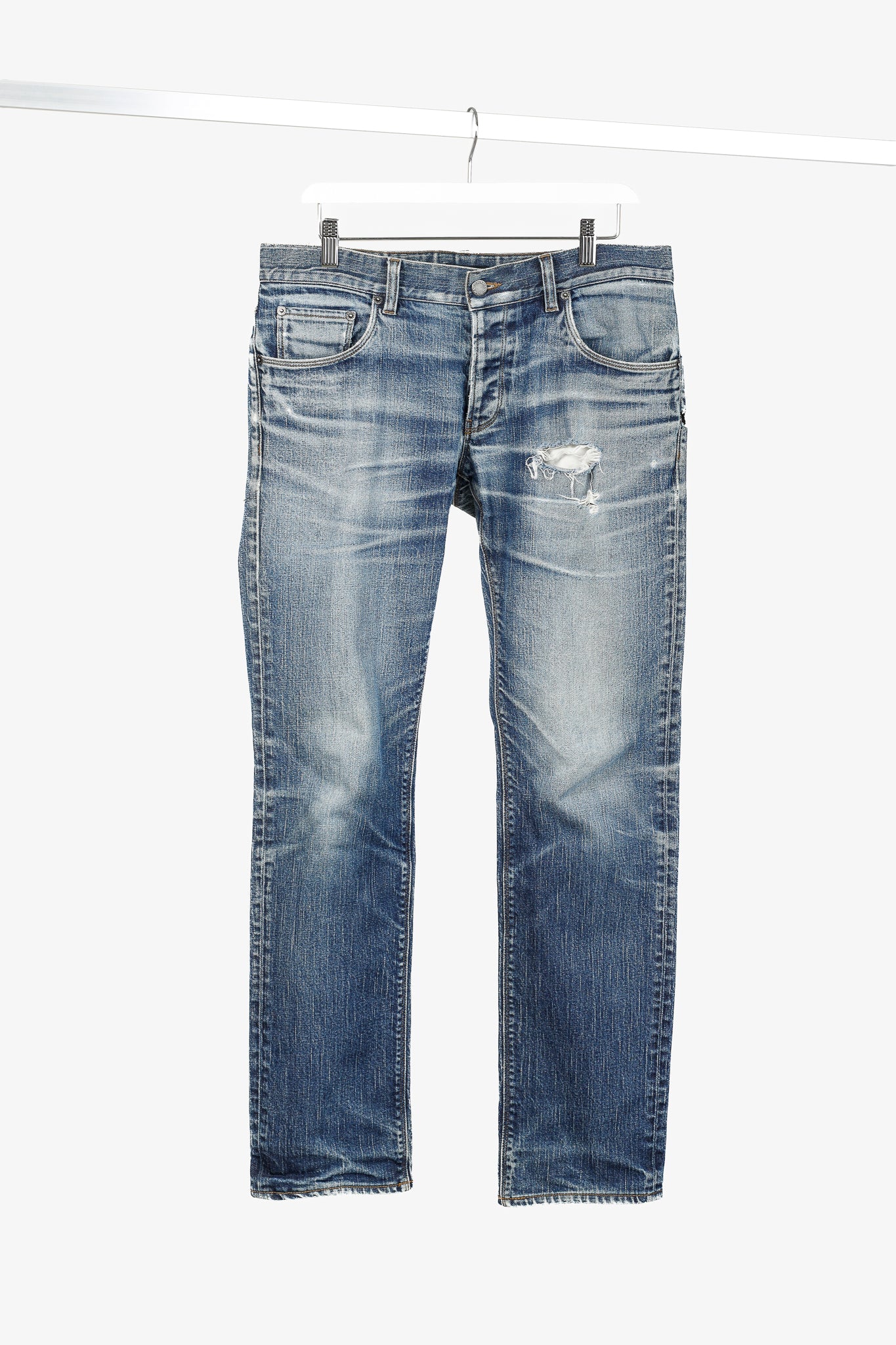 Prada Medium-Blue Distressed Tapered-Fit Jeans