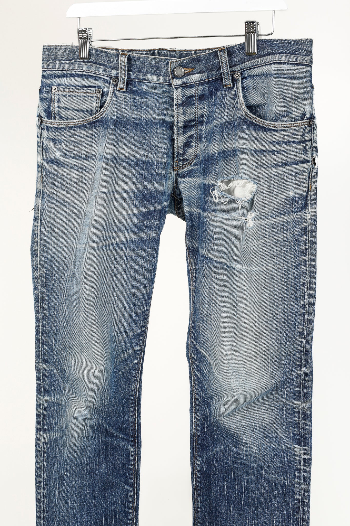 Prada Medium-Blue Distressed Tapered-Fit Jeans