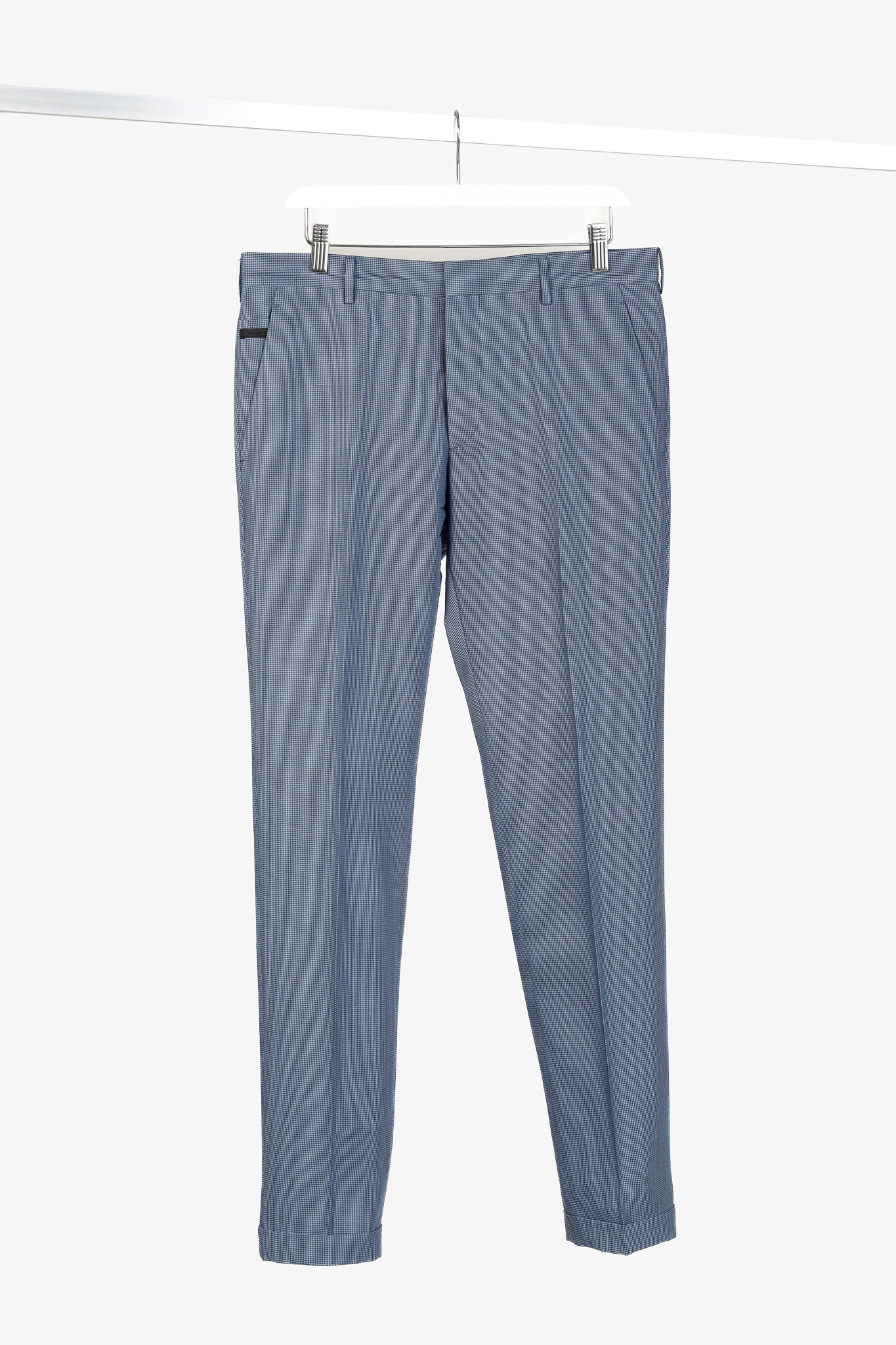 Prada Blue-Micro-Houndstooth Virgin Wool-Suiting Cuffed Trousers