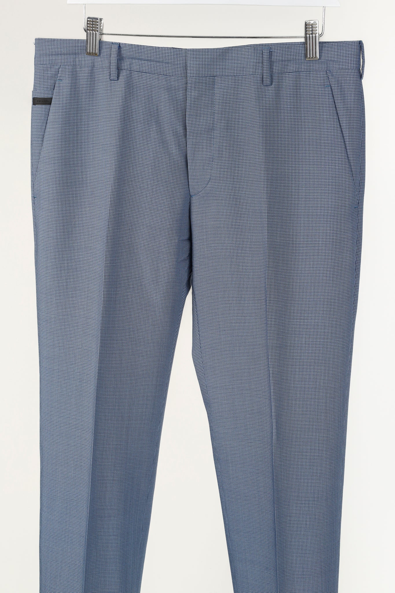 Prada Blue-Micro-Houndstooth Virgin Wool-Suiting Cuffed Trousers