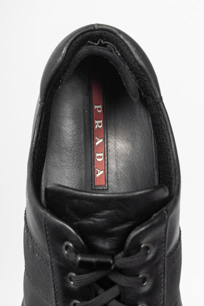 Prada Sport Black Leather Grosgrain-Stripe Lace-Up Sneakers