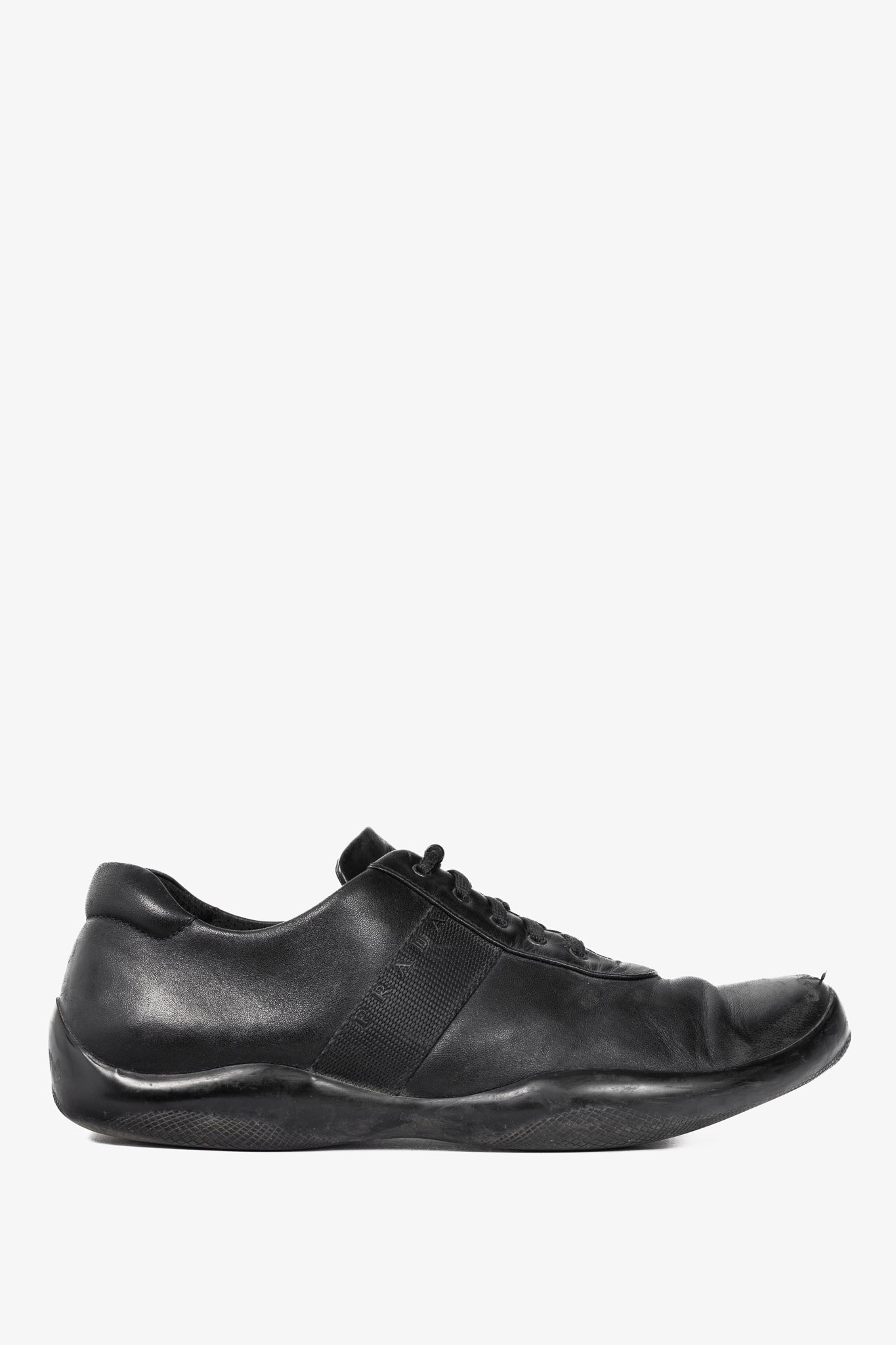 Prada Sport Black Leather Grosgrain-Stripe Lace-Up Sneakers