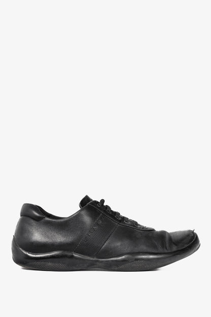 Prada Sport Black Leather Grosgrain-Stripe Lace-Up Sneakers