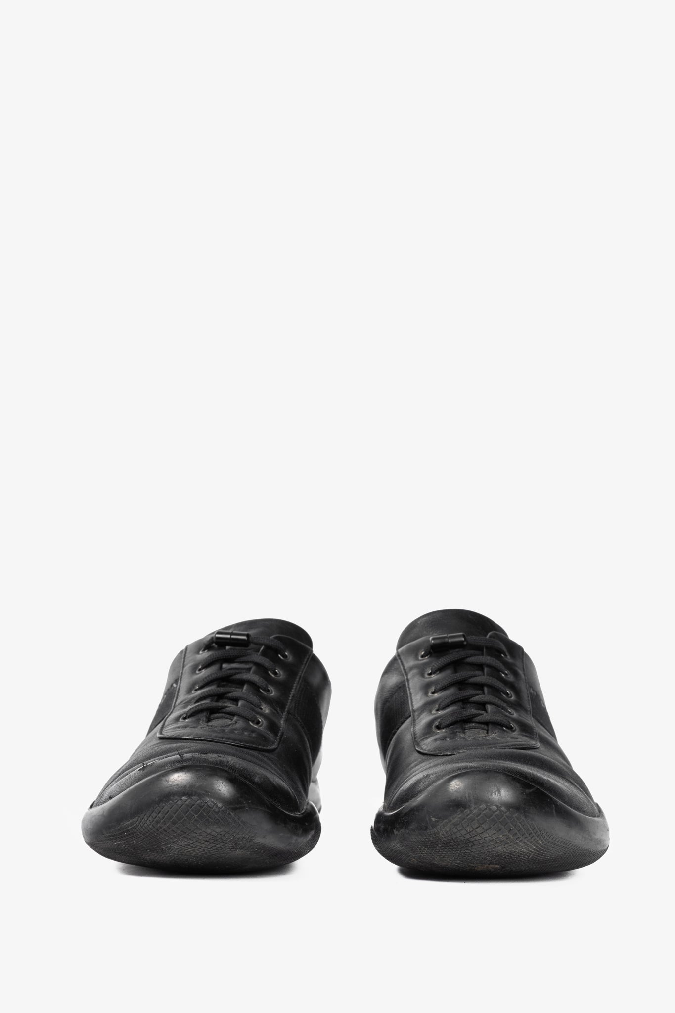 Prada Sport Black Leather Grosgrain-Stripe Lace-Up Sneakers
