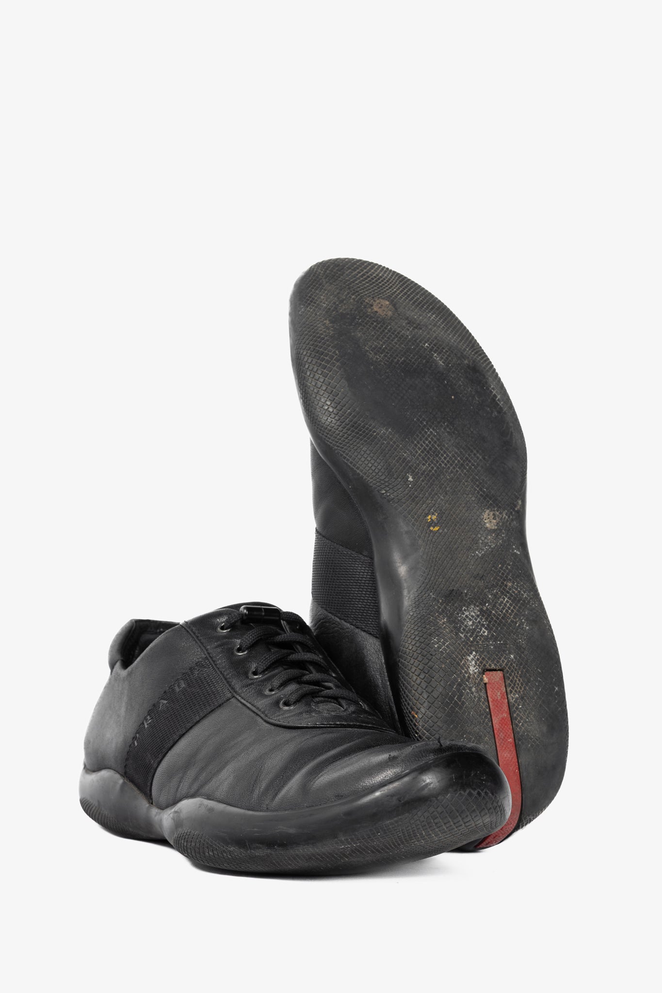 Prada Sport Black Leather Grosgrain-Stripe Lace-Up Sneakers