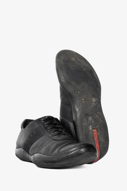 Prada Sport Black Leather Grosgrain-Stripe Lace-Up Sneakers
