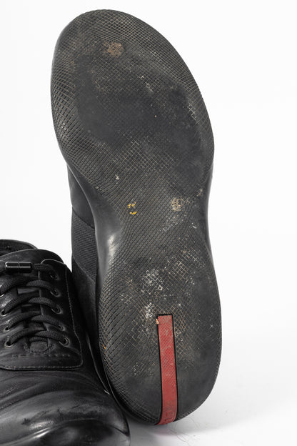 Prada Sport Black Leather Grosgrain-Stripe Lace-Up Sneakers