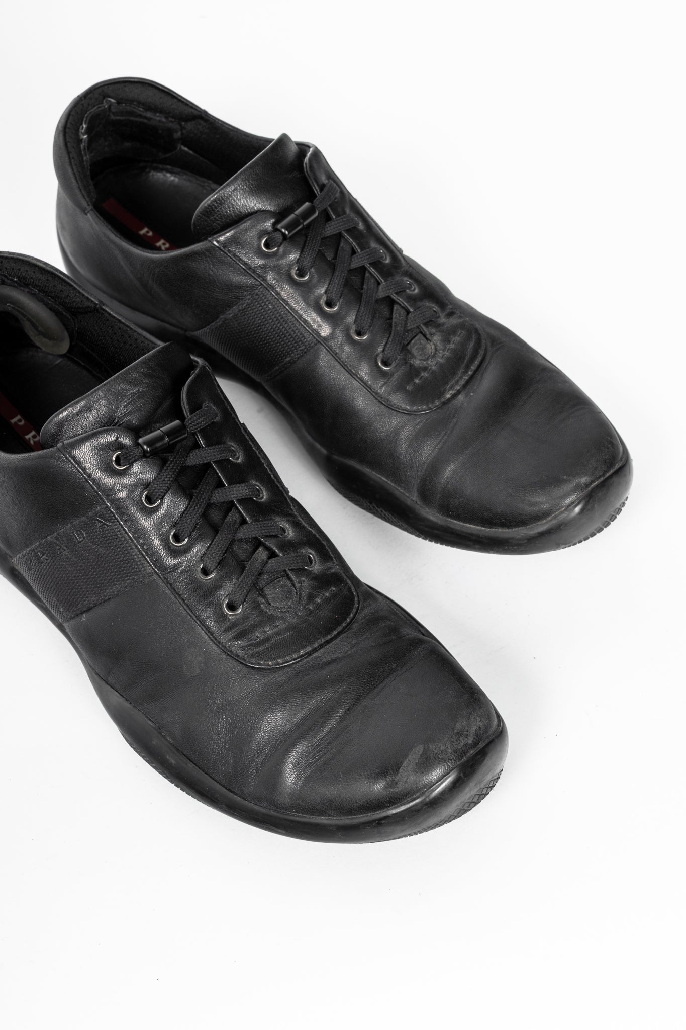 Prada Sport Black Leather Grosgrain-Stripe Lace-Up Sneakers
