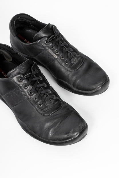 Prada Sport Black Leather Grosgrain-Stripe Lace-Up Sneakers