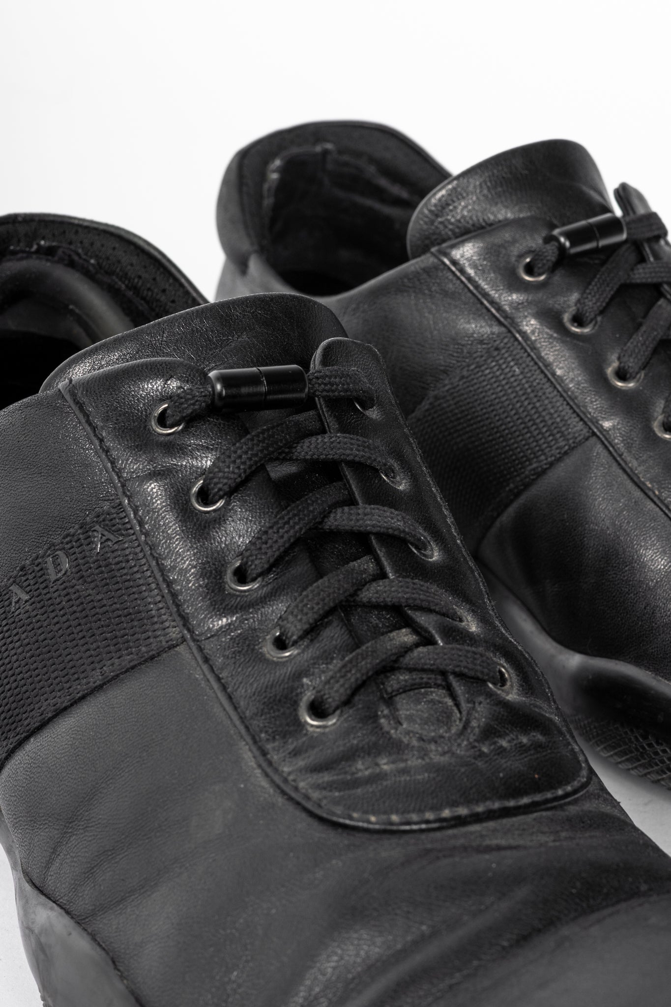 Prada Sport Black Leather Grosgrain-Stripe Lace-Up Sneakers