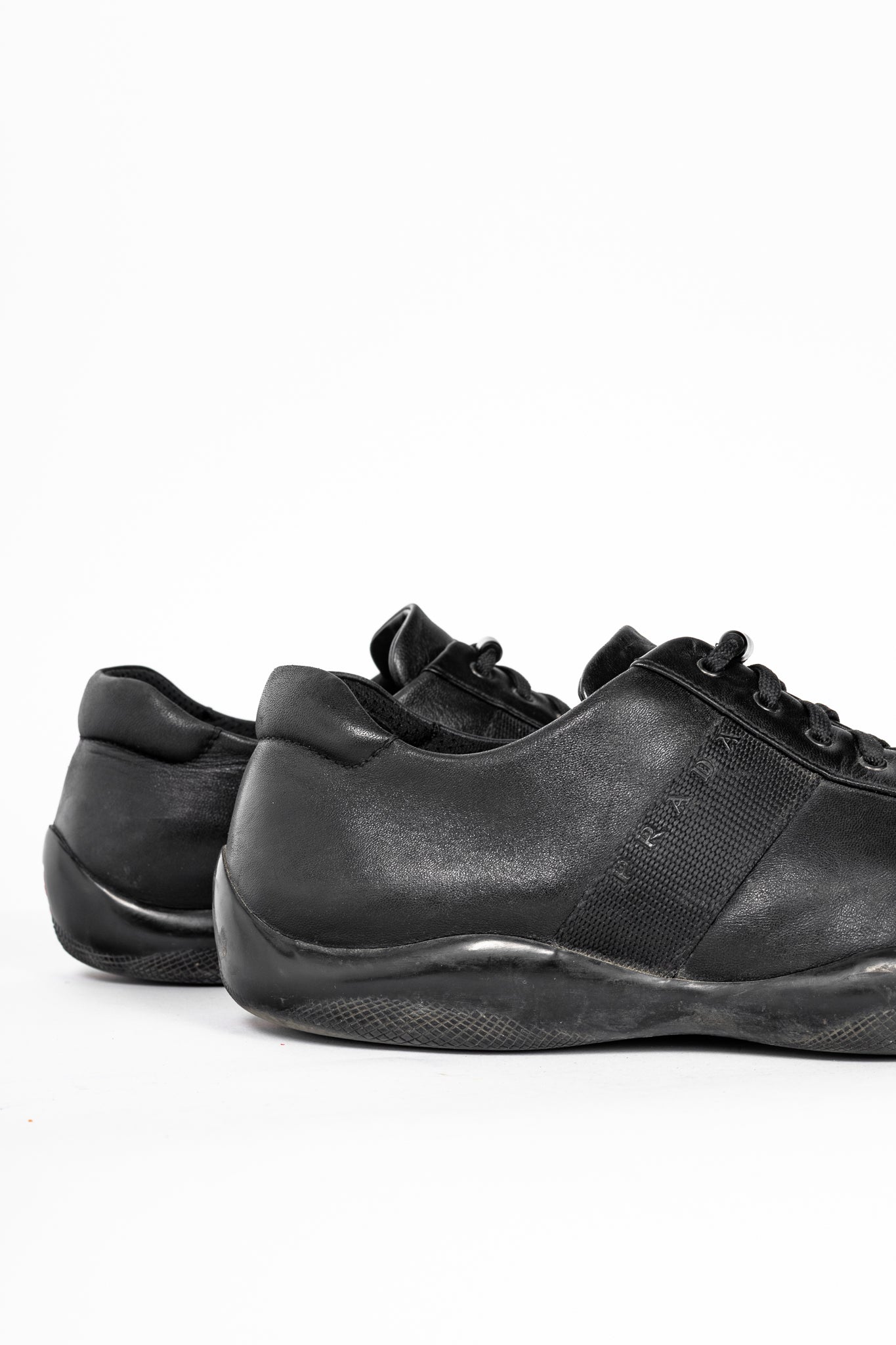 Prada Sport Black Leather Grosgrain-Stripe Lace-Up Sneakers
