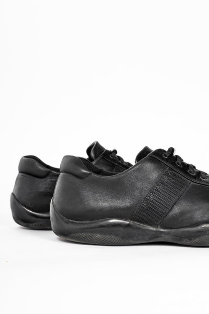 Prada Sport Black Leather Grosgrain-Stripe Lace-Up Sneakers