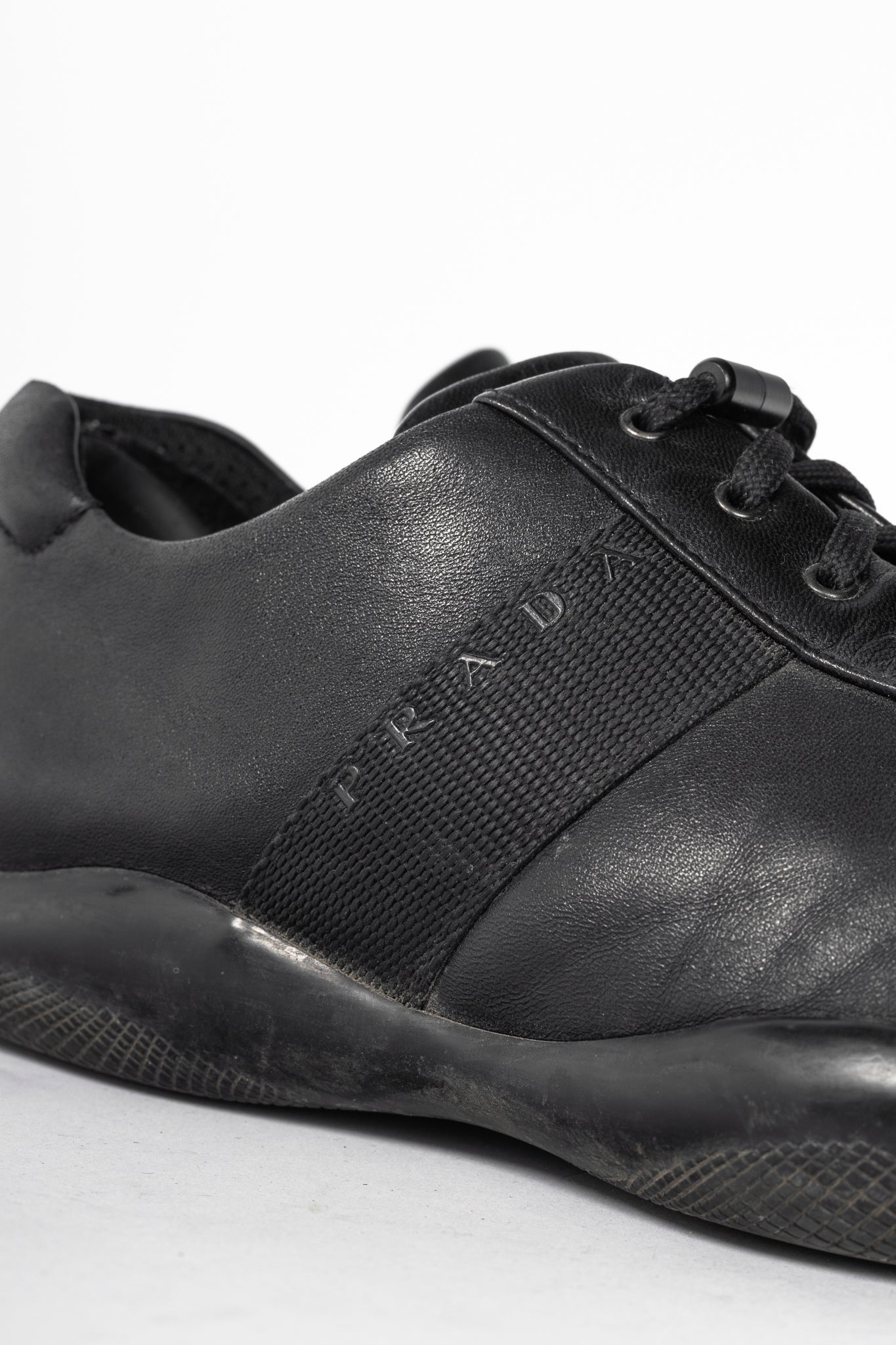 Prada Sport Black Leather Grosgrain-Stripe Lace-Up Sneakers