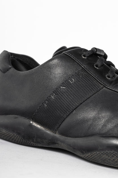 Prada Sport Black Leather Grosgrain-Stripe Lace-Up Sneakers
