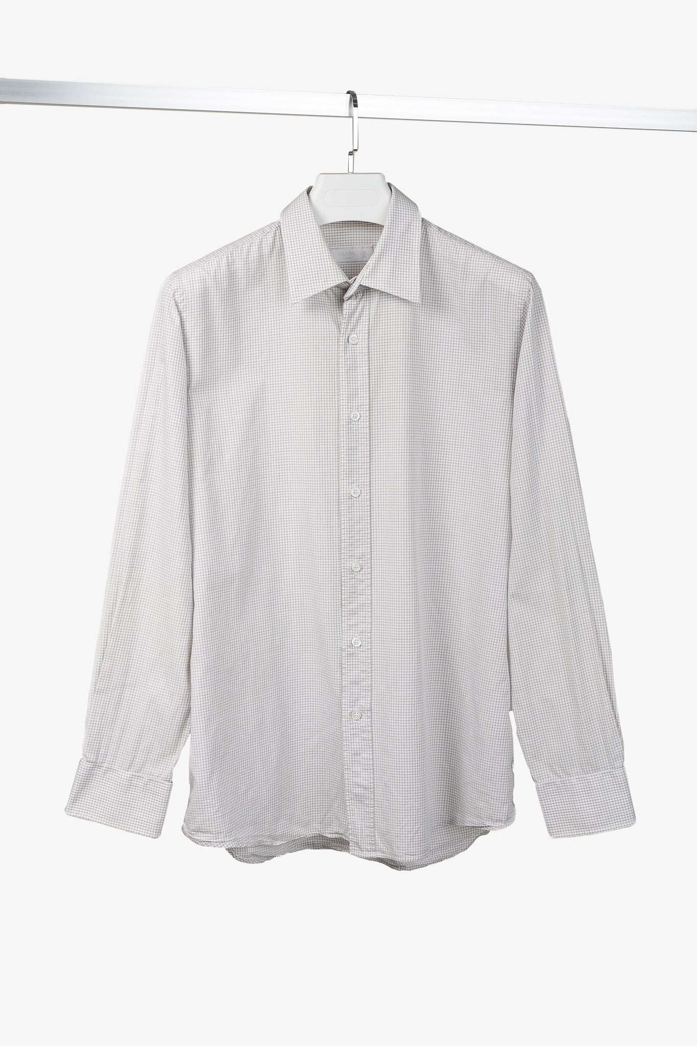 Prada 2015 Small Check White & Taupe Cotton Button-Up Oxford